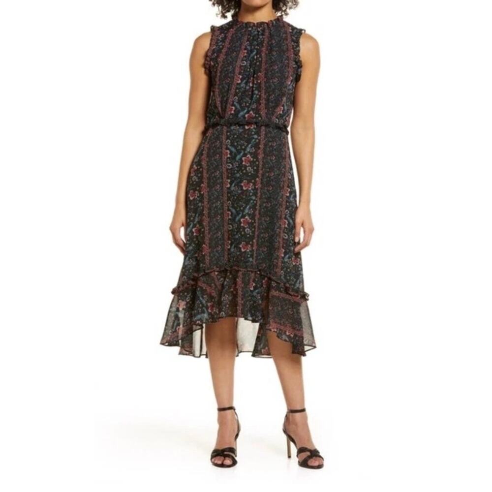 Julia Jordan Floral Ruffle Midi Dress Sleeveless High Neck Black Size 4